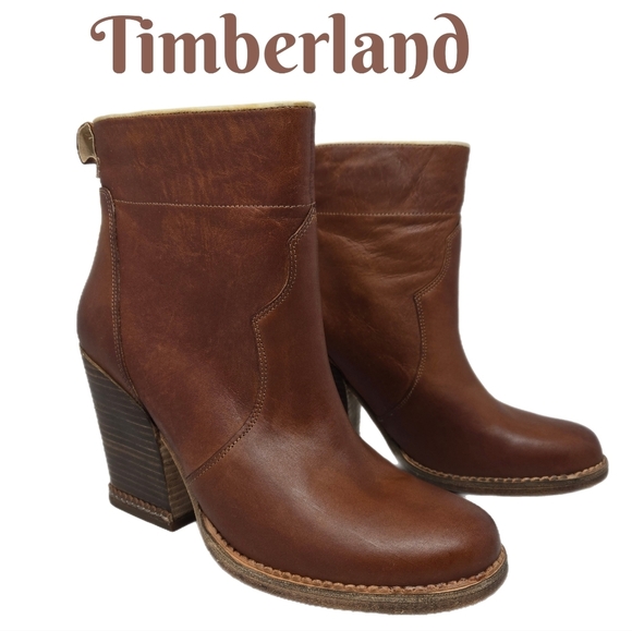 Timberland Womens Bootie Size 10 Marge Short Pull On Carmel Leather Chunk Heels - Picture 1 of 10